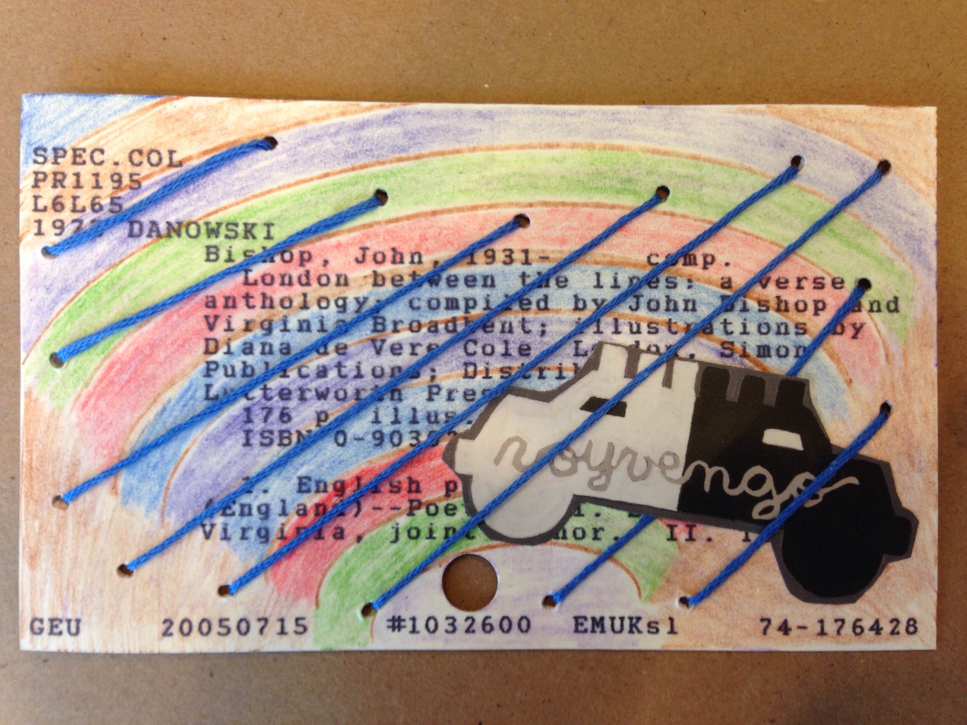 Card catalog card decorated with colored pencil in elliptical lines and blue embroidery thread in diagonal lines across the card. There is also a cut out illustrated car tucked between the thread.