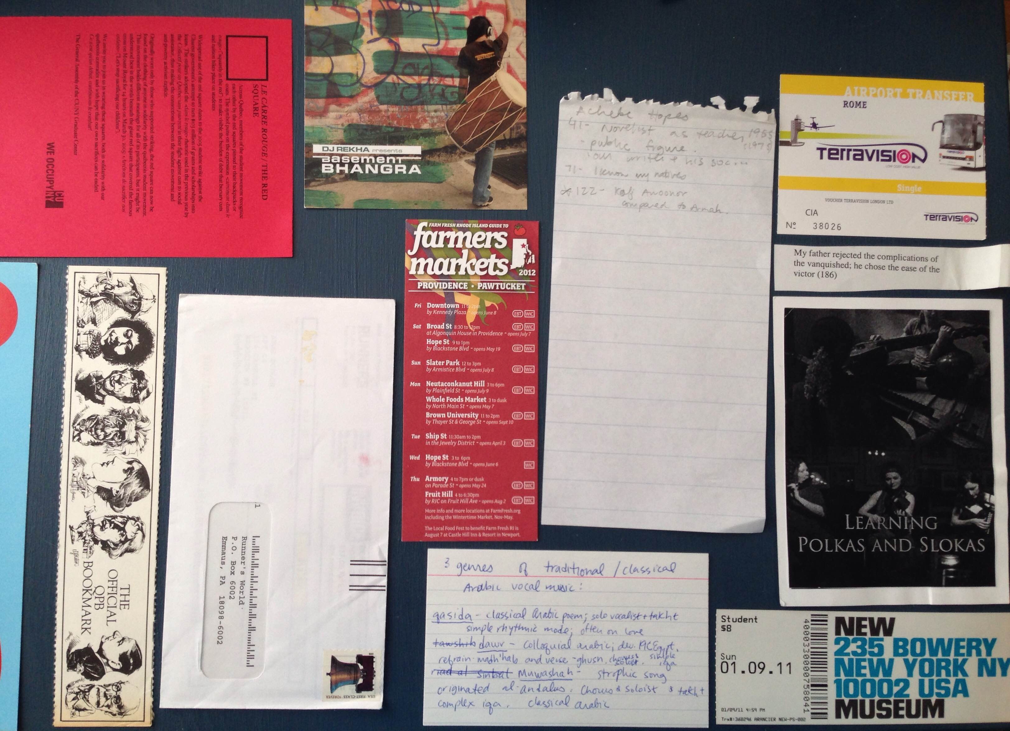 An assortment of fliers, postcards, scraps of papers, tickets laid out on a table.