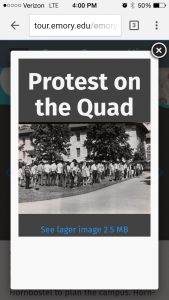 The tour interface presents an image captioned "Protest on the Quad," with a number of students standing on the lawn at a demonstration. 