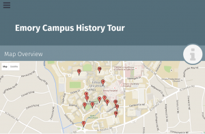A map of campus with red pins indicating the location of each tour stop on campus. 