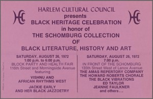 Pink poster announcing "Harlem Cultural Council presents Black Heritage Celebration in honor of The Schomburg Collection of Black Literature, History, and Art," dated 1972