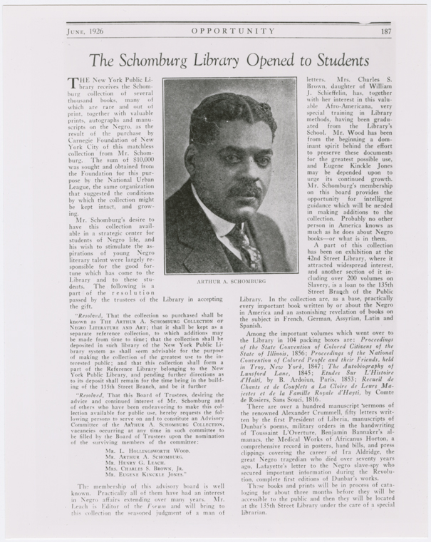 Schomburg Center for Research in Black Culture, Photographs and Prints Division, The New York Public Library. "Opportunity magazine article, "The Schomburg Library Opened to Students," June 1926." The New York Public Library Digital Collections. 1926. 