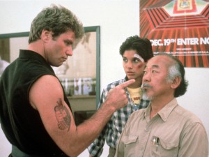 Martin Kove, left, Ralph Macchio and Pat Morita in a scene from the 1984 motion picture "The Karate Kid." CREDIT: Columbia Pictures [Via MerlinFTP Drop]