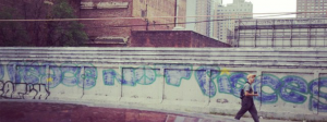 Graffiti near 11th avenue and 34th Street that reads: "Peace not Pieces"