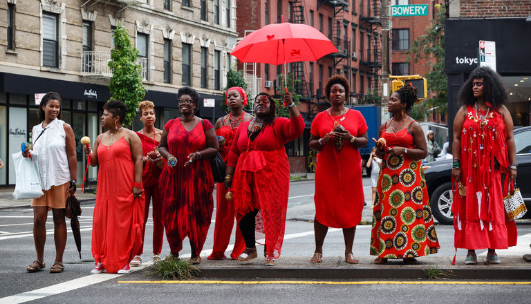 A contingent of the collective #BWAforBLM in the streets near the New Museum, 2016. See image at source (The New York Times).