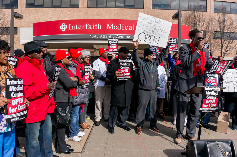 Protesters at Interfaith Medical Center in 2015. See photo at source (The Brooklyn Reader).