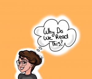 animated image of a woman with glasses and a thought bubble that reads "Why do we read this?"