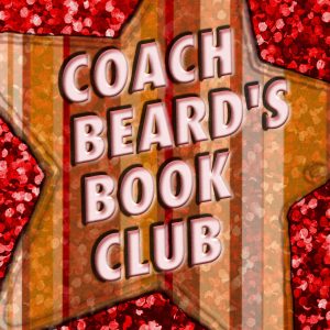 Gold star logo with the words Coach Beard's Book Club and a glittery red background